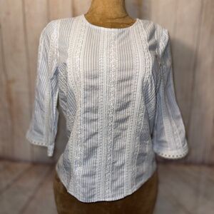 Karl Lagerfeld Seersucker Lace Embroidered Blouse, White & Lt Blue, Cotton Top L